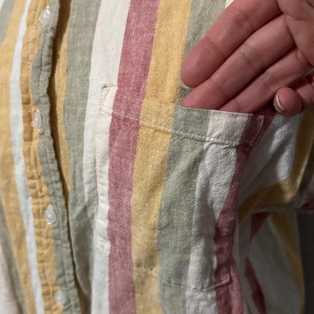 Threshold Rayon/Linen blend Button Up Shirt-Striped/Red/Mustard/Beige/Olive-Sz L - Picture 3 of 14
